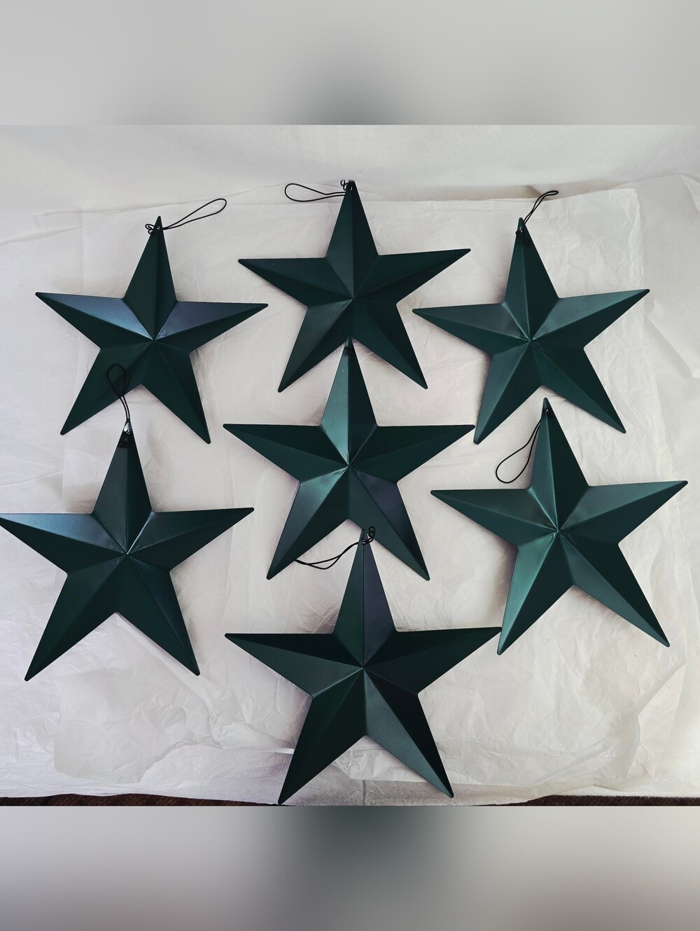 Lot of 7 Vintage Farmhouse Tin Barn Star Ornaments 8” Hunter Green Primitive